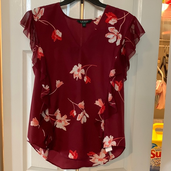 Lauren Ralph Lauren Tops - Beautiful wine floral v neck top w beading and chiffon ruffle detailing szL